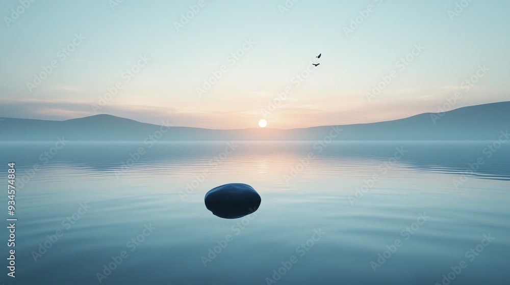 A single rock floats on a calm, still lake, with a misty, sunrise sky and mountain in the background. Tranquil and peaceful. A single rock floats on a calm, still lake, with a misty, sunrise sky and mountain in the background. Tranquil and peaceful.