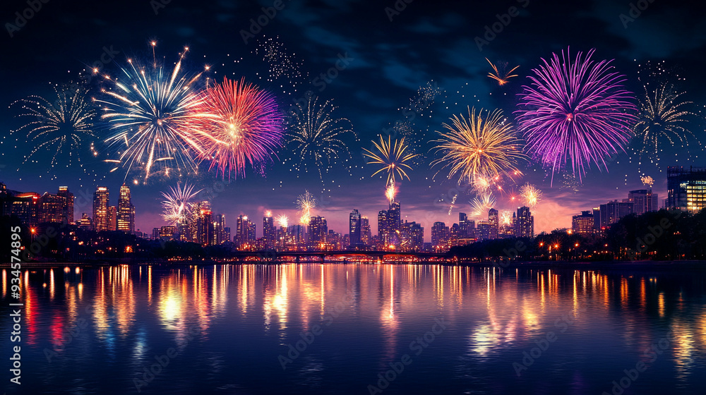 Fototapeta premium Glittering Midnight Fireworks new years background