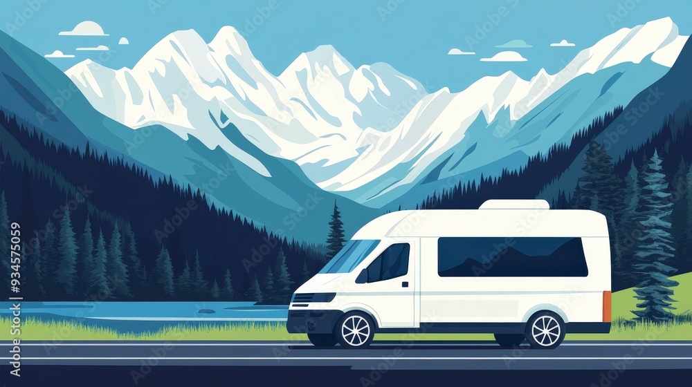Modern White Camper Van Adventure in Majestic Mountain Landscape Modern White Camper Van Adventure in Majestic Mountain Landscape