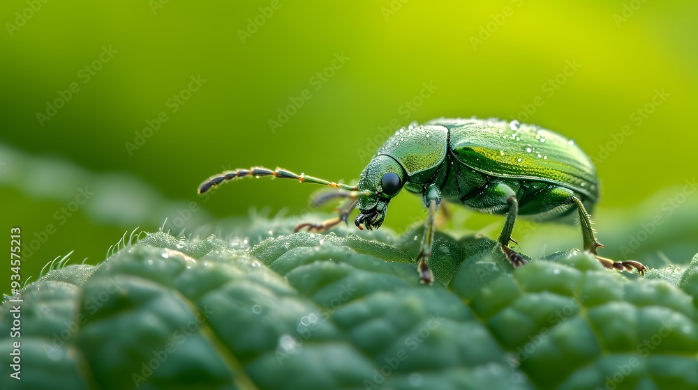 Naklejka premium Cute shiny beetle crawling on a leaf in a macro shot within a minimal setting AI generated illustration