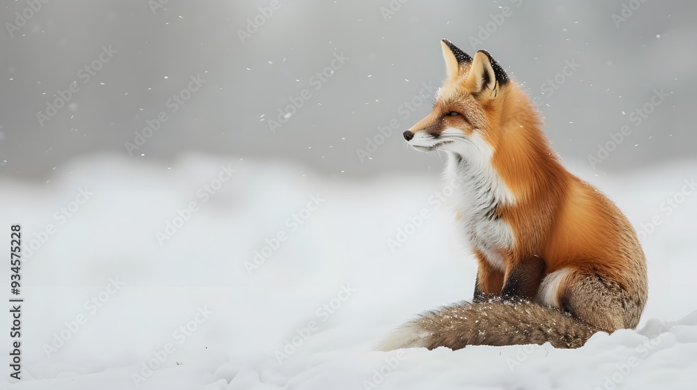 Fototapeta premium Cute small fox sitting in snow against a minimalist scenic backdrop AI generated illustration