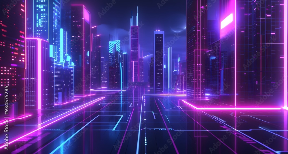 Fototapeta premium Cyberpunk cityscape featuring neon lights in a 3D style AI generated illustration