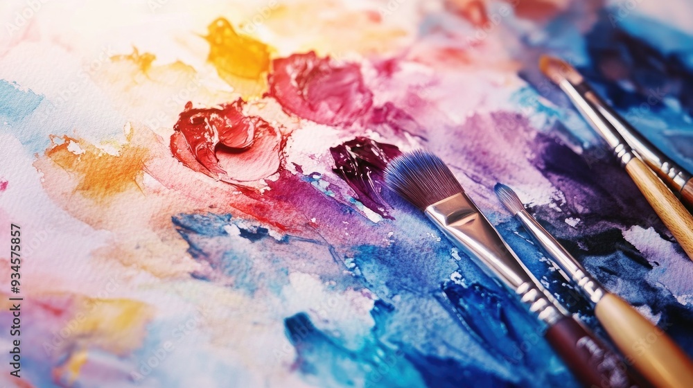 Fototapeta premium Watercolor illustration of a flower shaped design with a palette and brushes