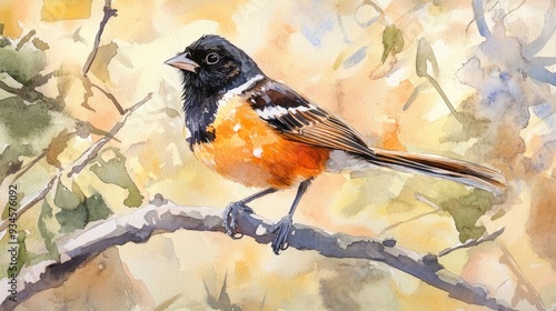 Watercolor illustration of a curious female Eastern Towhee perched on a branch in a forested setting photo