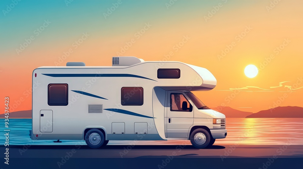 Naklejka premium Serene Coastal Travel: Modern White RV Parked by the Sea at Sunset - Flat Design Illustration