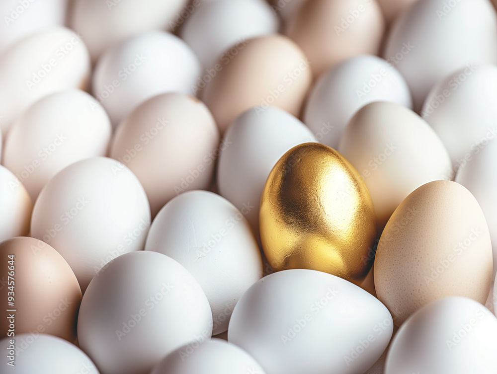 Golden Egg Among White and Brown Eggs in a Nest , Easter concept Golden Egg Among White and Brown Eggs in a Nest , Easter concept