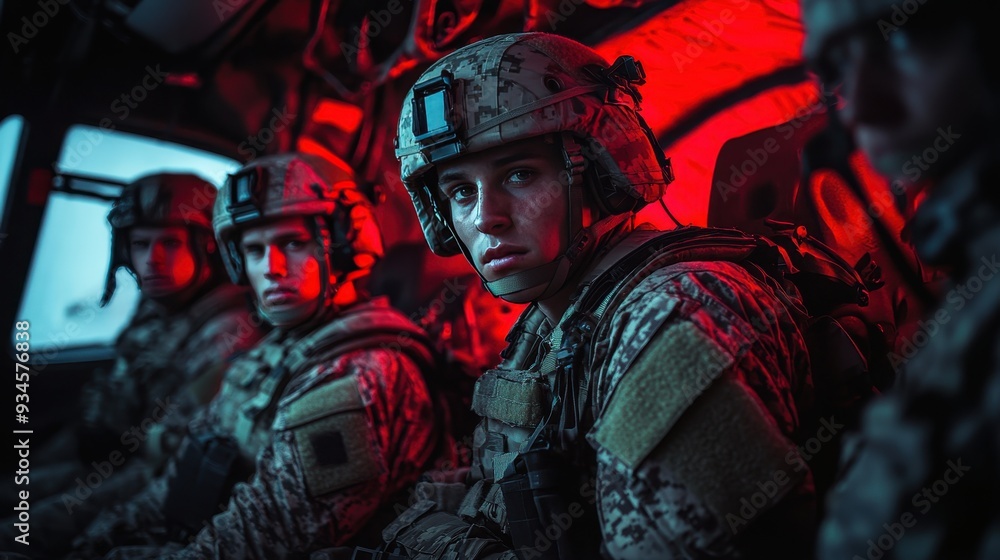 Military Soldiers in a Helicopter with Red Light. Military Soldiers in a Helicopter with Red Light.