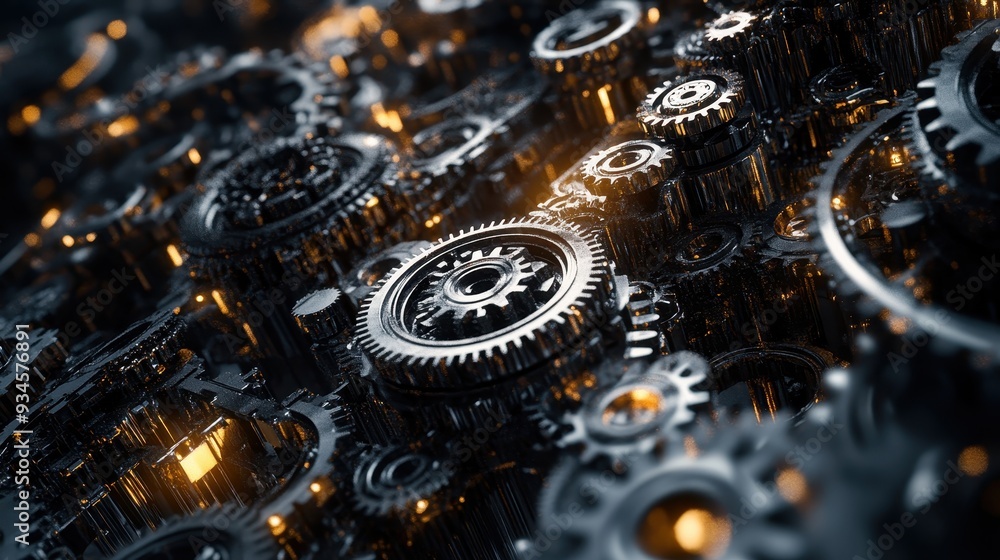 Abstract Metal Gears and Cogs with Warm Lighting - Industrial Design Concept. Abstract Metal Gears and Cogs with Warm Lighting - Industrial Design Concept.