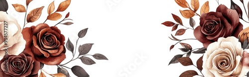 Watercolor illustration of a floral wedding invitation template set featuring brown and maroon rose flowers with decorative leaves