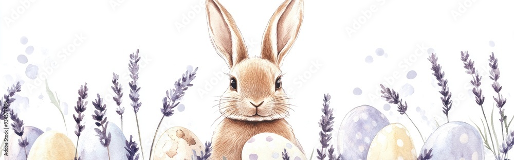Fototapeta premium Watercolor illustration of a decorative festive Easter theme featuring an Easter bunny and lavender branches