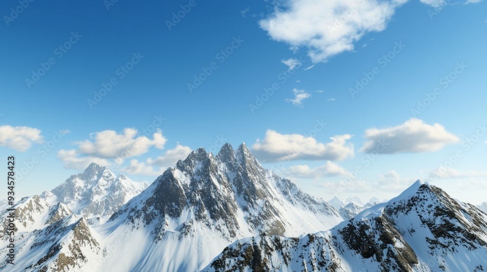 Majestic mountain range with snow-capped peaks and clear blue sky above. Majestic Mountain Range Majestic mountain range with snow-capped peaks and clear blue sky above. Majestic Mountain Range