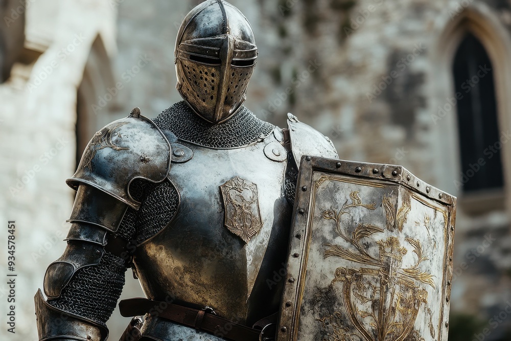 Medieval Knight in Full Armor Holding a Shield with Ornate Design. Medieval Knight in Full Armor Holding a Shield with Ornate Design.
