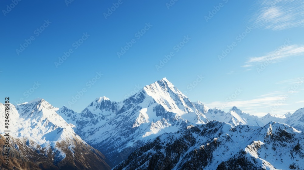 Majestic mountain range with snow-capped peaks and clear blue sky above. Majestic Mountain Range Majestic mountain range with snow-capped peaks and clear blue sky above. Majestic Mountain Range