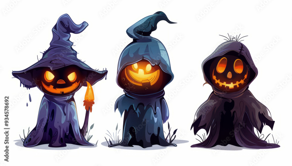 Cute Spooky Set of Halloween Monsters and Characters in Cartoon Style - Digital Art on White Background Cute Spooky Set of Halloween Monsters and Characters in Cartoon Style - Digital Art on White Background