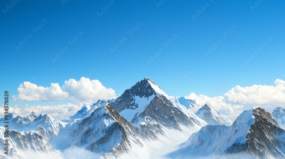 Obraz premium Majestic mountain range with snow-capped peaks and clear blue sky above. Majestic Mountain Range