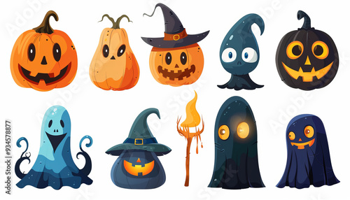 Cute and Spooky Set of Halloween Monsters and Characters in Cartoon Style - Digital Art on White Background