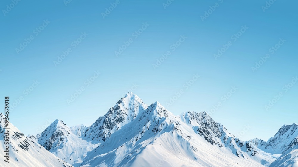 Fototapeta premium Majestic mountain range with snow-capped peaks and clear blue sky above. Majestic Mountain Range