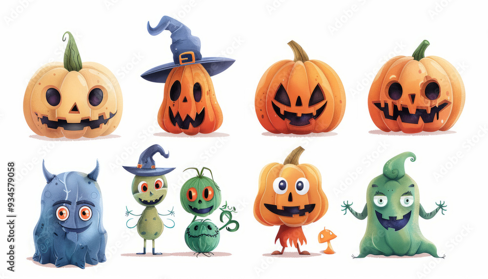 Cute Spooky Set of Halloween Monsters and Characters in Cartoon Style - Digital Art on White Background Cute Spooky Set of Halloween Monsters and Characters in Cartoon Style - Digital Art on White Background