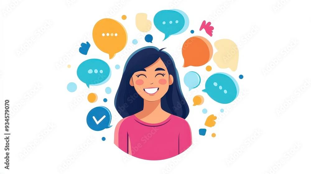 Smiling Woman Surrounded by Speech Bubbles for Active Communication and Dialogue Smiling Woman Surrounded by Speech Bubbles for Active Communication and Dialogue