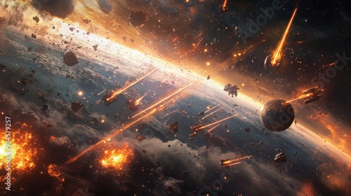 Apocalyptic Space Scene with Planet Under Fire, Burning Debris and Meteors photo