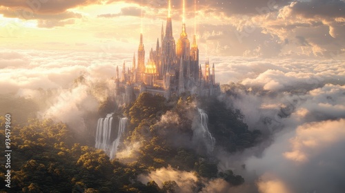 Majestic Fantasy Castle in the Clouds at Sunset with Waterfall