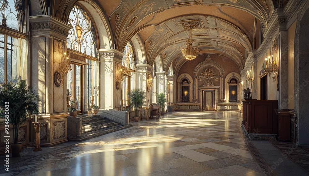 Fototapeta premium Gothic Hotel Lobby Dramatic and Rich high detail