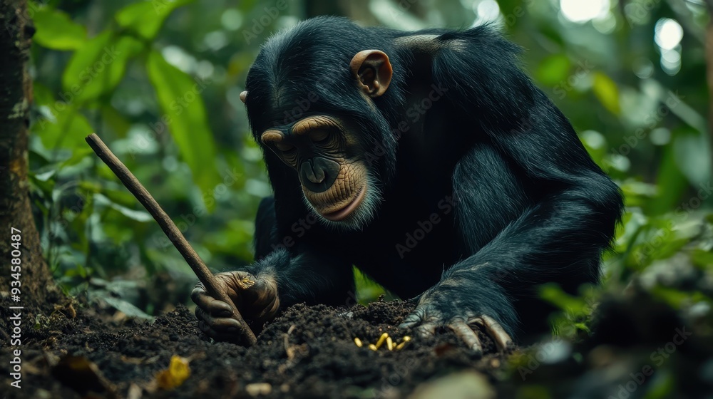 Chimpanzee Digging in the Forest Floor -  Close Up of Primate Using a Stick  - Wildlife Photography.