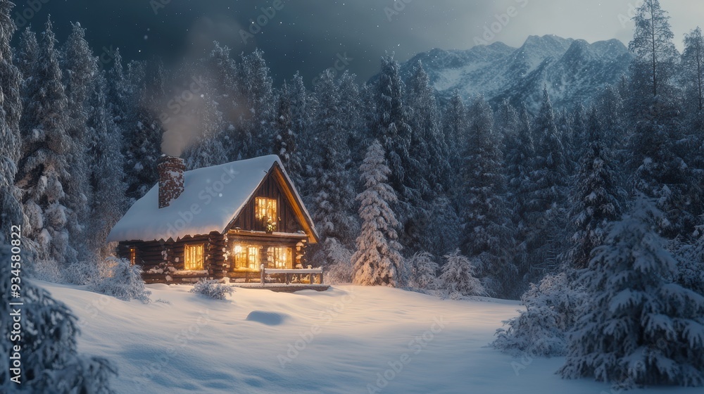 Cozy Cabin in the Snowy Forest at Night with Stars and Mountains. Cozy Cabin in the Snowy Forest at Night with Stars and Mountains.