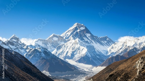 Majestic mountain range with snow-capped peaks and clear blue sky above. Majestic Mountain Range