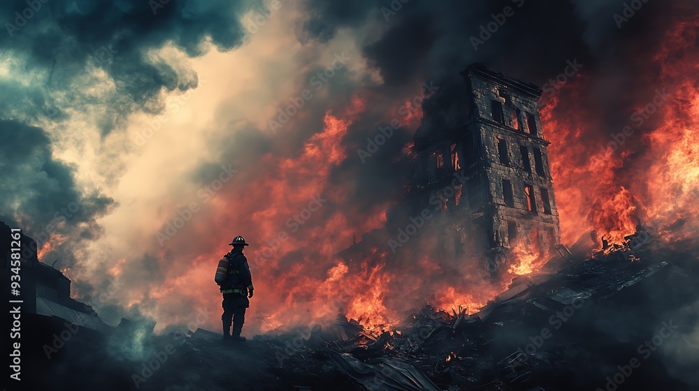 Obraz premium Firefighter Facing the Blaze