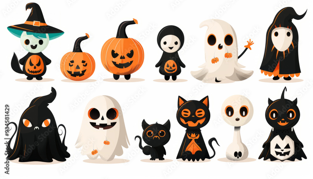 Cute Spooky Set of Halloween Monsters and Characters in Cartoon Style - Digital Art on White Background Cute Spooky Set of Halloween Monsters and Characters in Cartoon Style - Digital Art on White Background