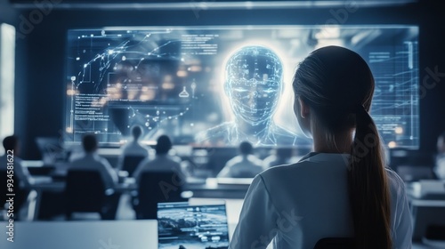 Woman Looking at Artificial Intelligence Interface on Big Screen, Futuristic Technology Concept.