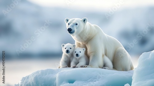 Polar Bear Family on Iceberg in Arctic Landscape.