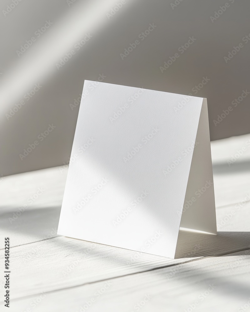 Blank White Card Mockup on White Wood Table with Sunbeams. Blank White Card Mockup on White Wood Table with Sunbeams.