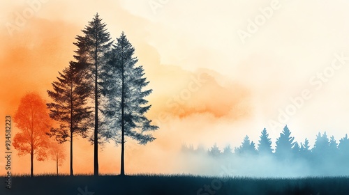 A serene landscape showcasing silhouettes of trees against a misty, colorful background at dawn or dusk.
