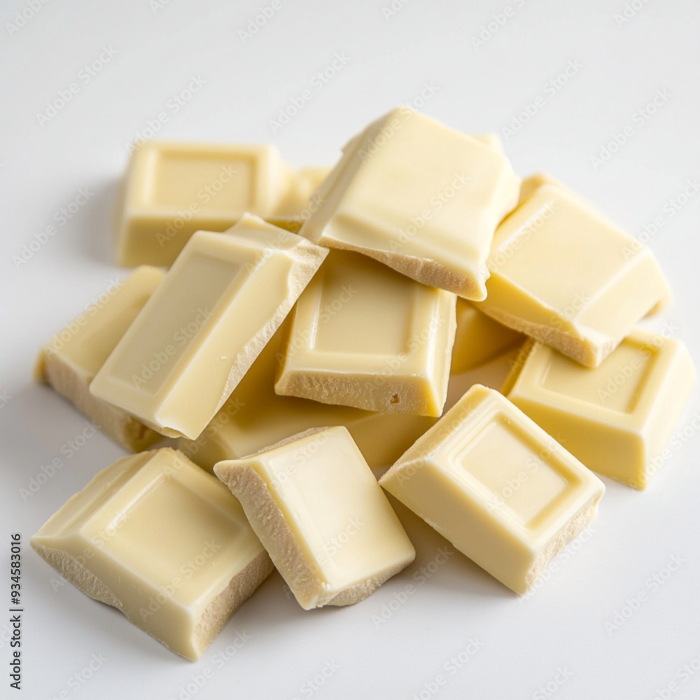 white chocolate pieces, rectangle shape, stacked together, neat pile, white background white chocolate pieces, rectangle shape, stacked together, neat pile, white background