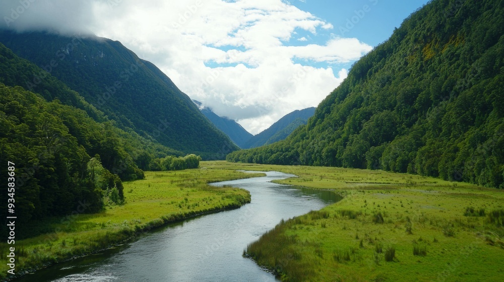 Fototapeta premium A peaceful valley surrounded by lush green mountains and gentle river flowing through it. Serene Mountain Valley