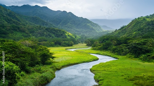 A peaceful valley surrounded by lush green mountains and gentle river flowing through it. Serene Mountain Valley