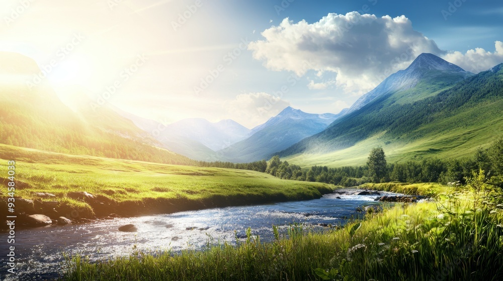 A peaceful valley surrounded by lush green mountains and gentle river flowing through it. Serene Mountain Valley A peaceful valley surrounded by lush green mountains and gentle river flowing through it. Serene Mountain Valley