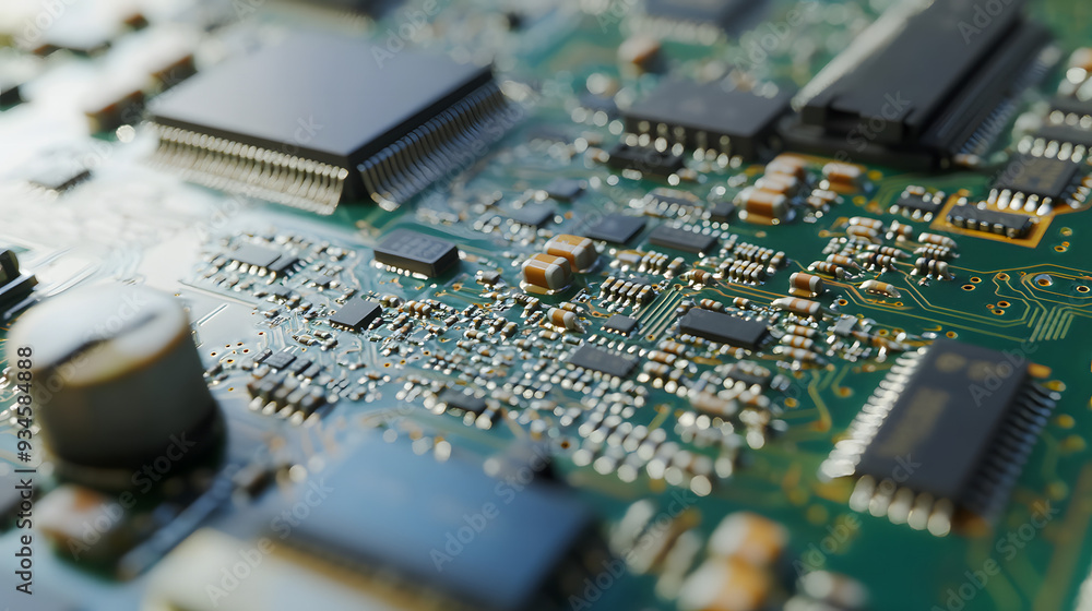 Detailed Circuit Chip against Green Board, Highlighting Precision Engineering in Computer Components,technology concept Detailed Circuit Chip against Green Board, Highlighting Precision Engineering in Computer Components,technology concept