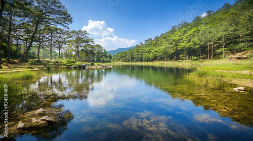 Untouched Natural Landscape: Blue Lake Embraced by Green Forests and Wildlife, a Haven of Environmental Conservation