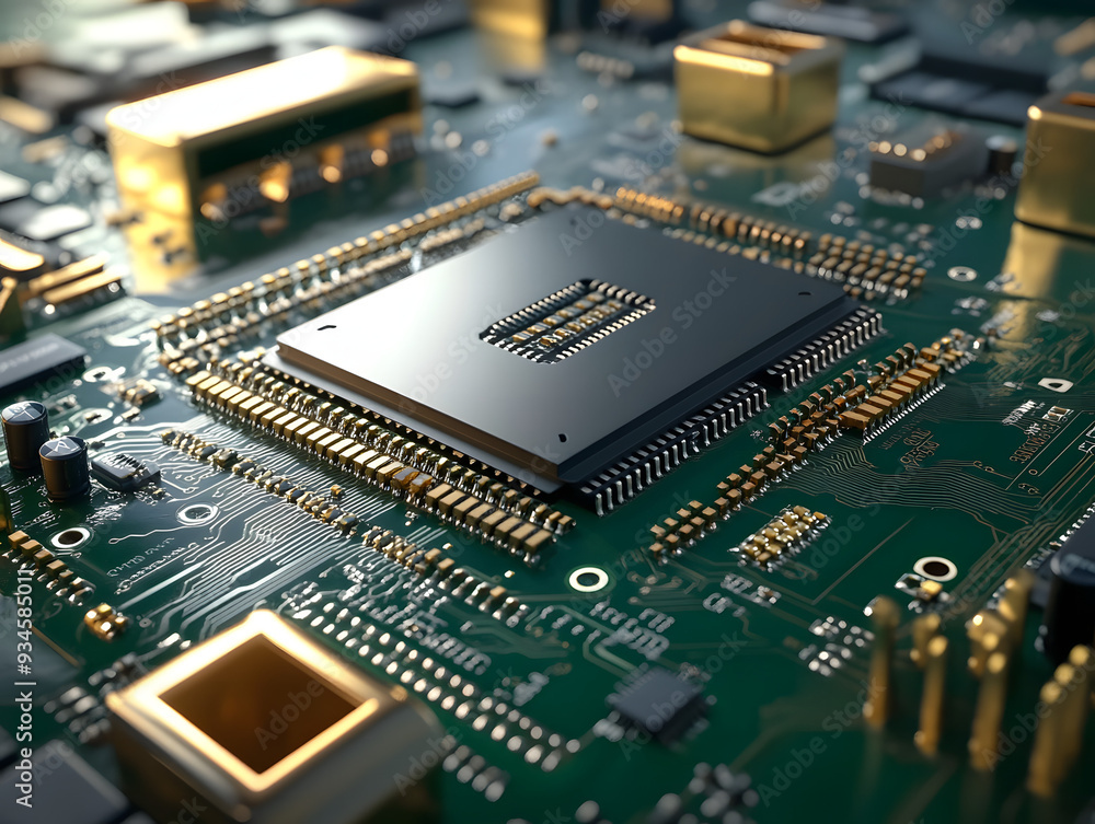 Detailed Circuit Chip against Green Board, Highlighting Precision Engineering in Computer Components,technology concept Detailed Circuit Chip against Green Board, Highlighting Precision Engineering in Computer Components,technology concept