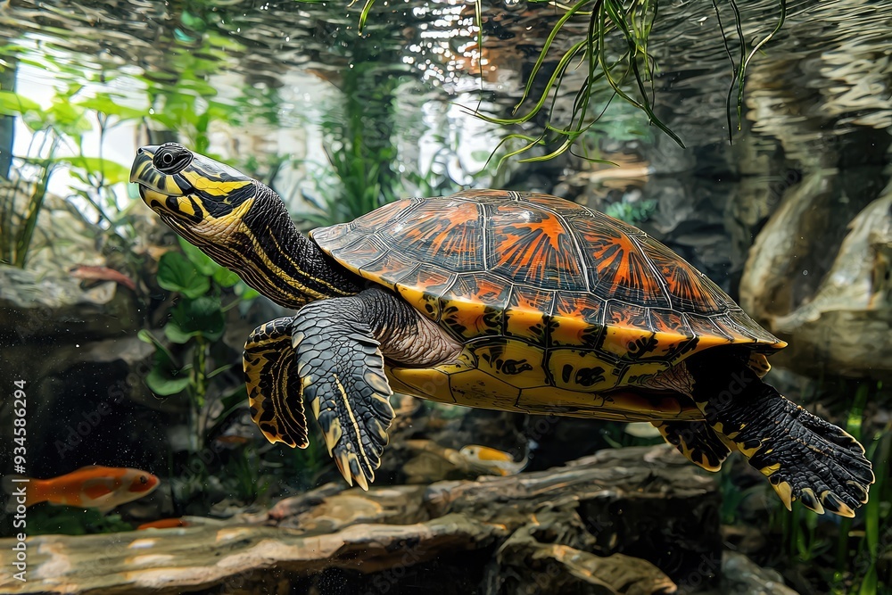Obraz premium Colorful turtle swimming in aquarium with underwater plants and rocks