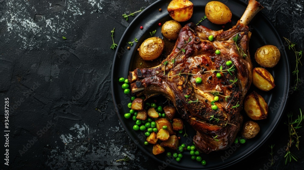 Top View of Roasted Lamb Leg with Crispy Potatoes and Peas on Black Background Top View of Roasted Lamb Leg with Crispy Potatoes and Peas on Black Background