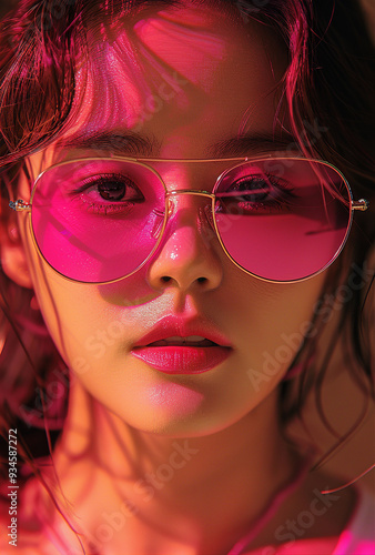 Stylish Korean Woman in Pink Sunglasses and Chic Outfit