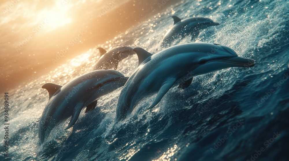 Naklejka premium Dolphins Jumping Out of the Water at Sunset