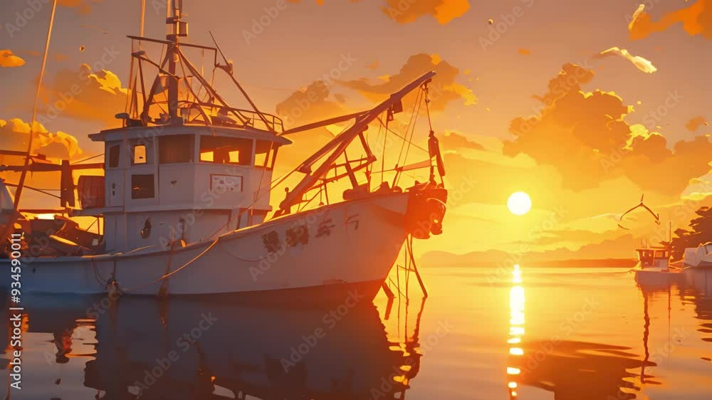 Sunset over the Harbor with a Fishing Boat Sunset over the Harbor with a Fishing Boat