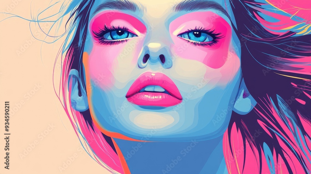 playful cartoon woman with vibrant pink eye shadows set against a neutral background playful cartoon woman with vibrant pink eye shadows set against a neutral background