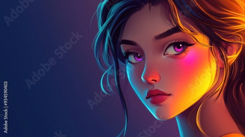 Serious cartoon girl glancing back with vibrant glow