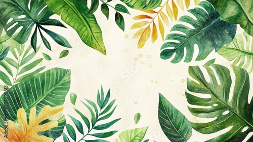 Vibrant Watercolor Exotic Tropical Leaves and Plants Background Illustration Evoking Nature and Summer Vibes